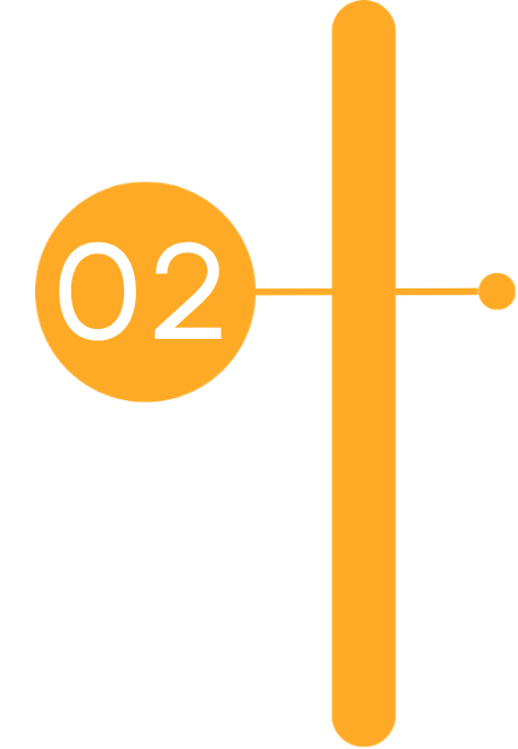 Graphic showing a large vertical orange line with a small circle on the right and a large orange circle on the left containing the number 02.