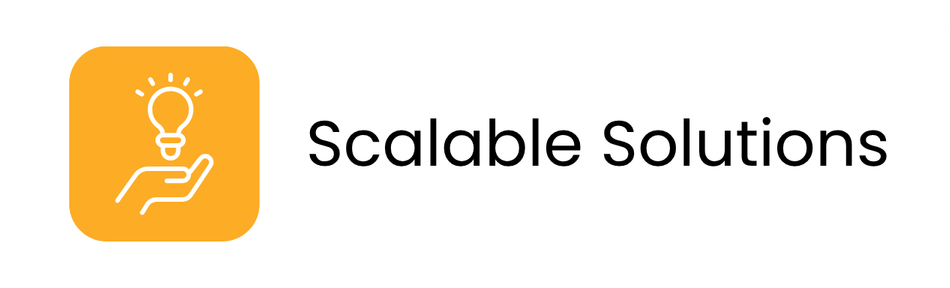 Icon of a hand holding a light bulb, representing ideas or solutions, next to the text "Scalable Solutions"