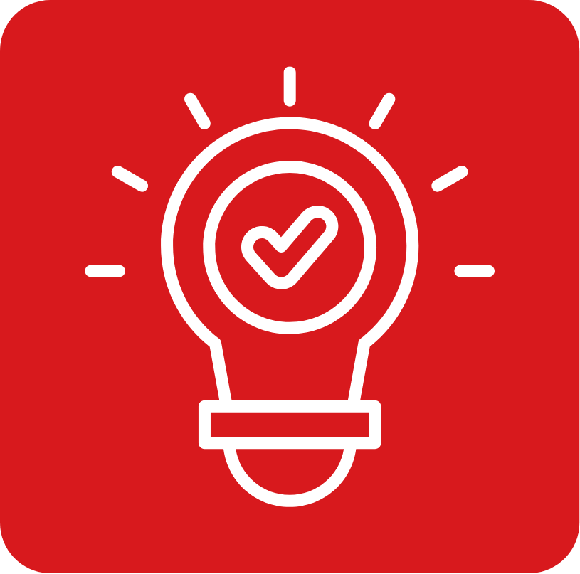 Light bulb icon with a checkmark inside and radiating lines on a red background.