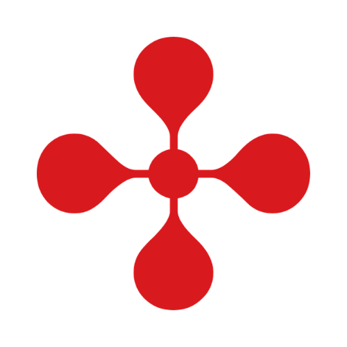A red stylized diagram of a molecule or network with a central node connected to five outer nodes.