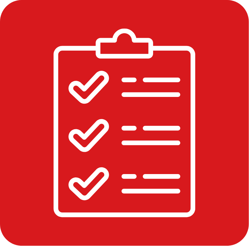 Icon of a clipboard with three checkmarks on a red background.