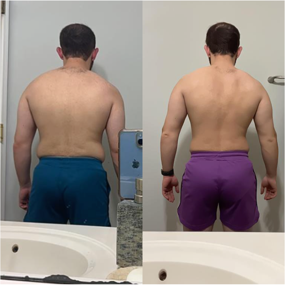 Before and after photos of a man's back showing weight loss progress, with the left photo before and the right after.