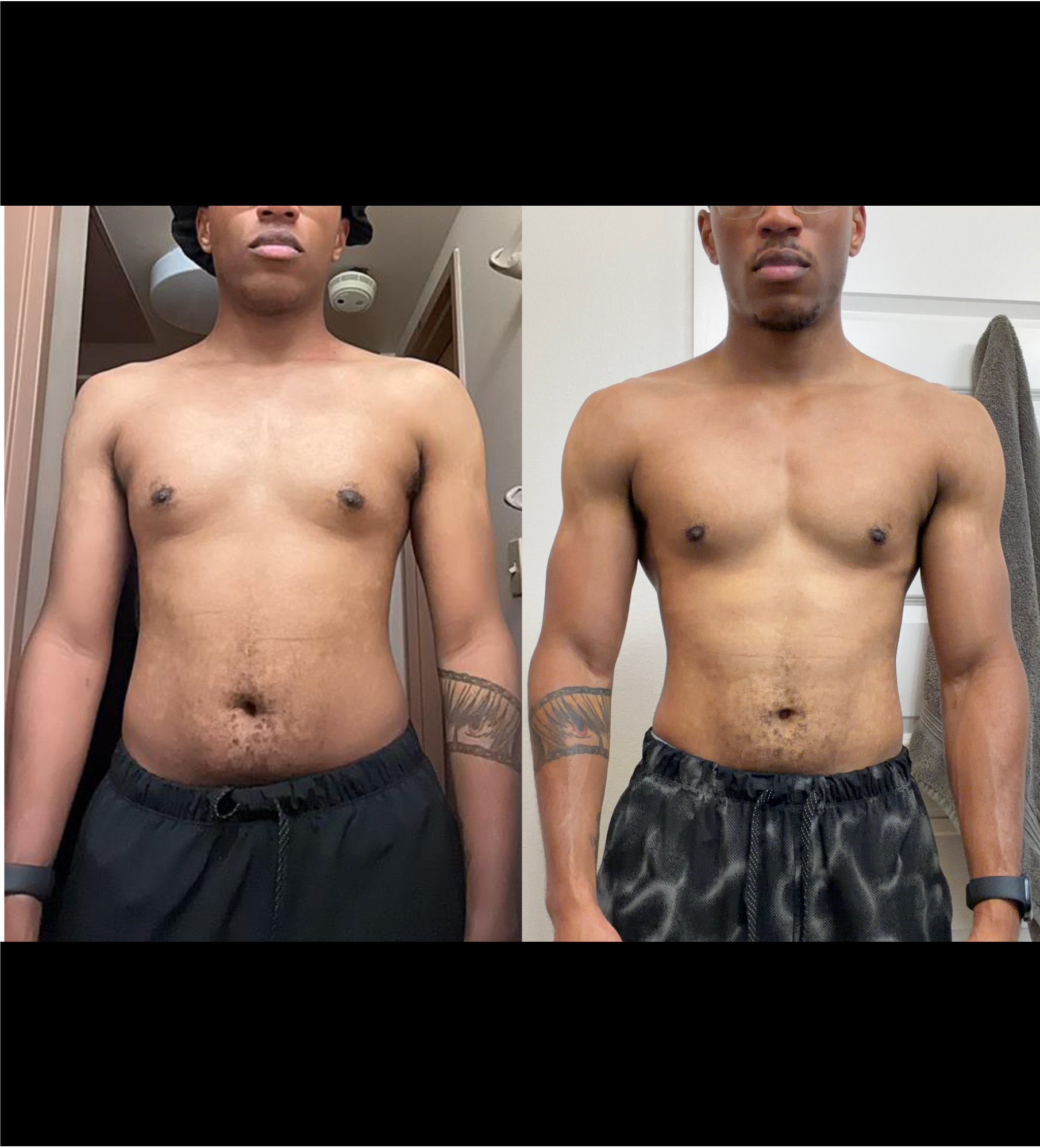Side-by-side comparison of a shirtless man, showing a noticeable change in body composition, with the left image depicting a slightly larger belly and the right image showing a slimmer physique.