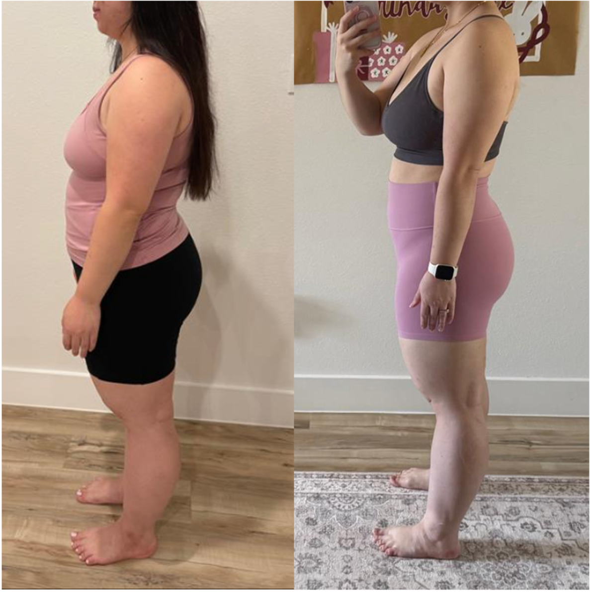 Side-by-side comparison of a woman before and after fitness transformation. In the before photo, she is wearing a pink tank top and black shorts, and in the after photo, she is wearing a black sports bra and pink shorts, holding a phone and taking a mirror selfie.