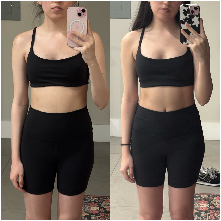 Side-by-side pictures of a woman taking mirror selfies in a fitness room, showing her progress with a fitness journey. She is wearing a black sports bra and black shorts in both images, with slight differences in her physique.