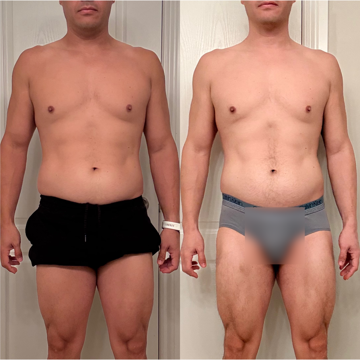 Side-by-side before and after photos of a shirtless man with a change in body shape, wearing different underwear in each photo. The background is a plain wall with a door.