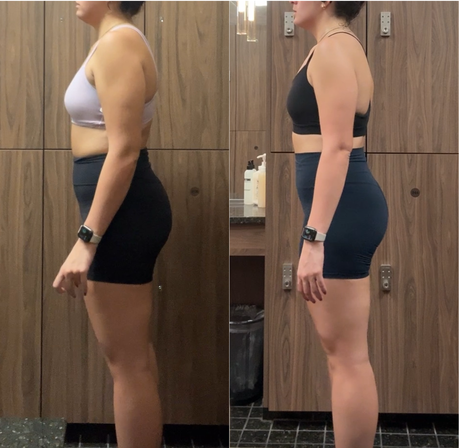Side-by-side comparison of a woman before and after fitness progress, shown in workout attire against a wooden locker room background.