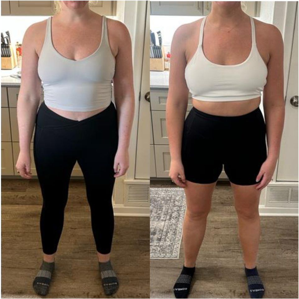 Side-by-side images of a woman in athletic clothing. In the left image, she is wearing a gray sports bra and black leggings. In the right image, she is wearing a white sports bra and black shorts. The background shows a kitchen area with a door, countertop, and various kitchen items.