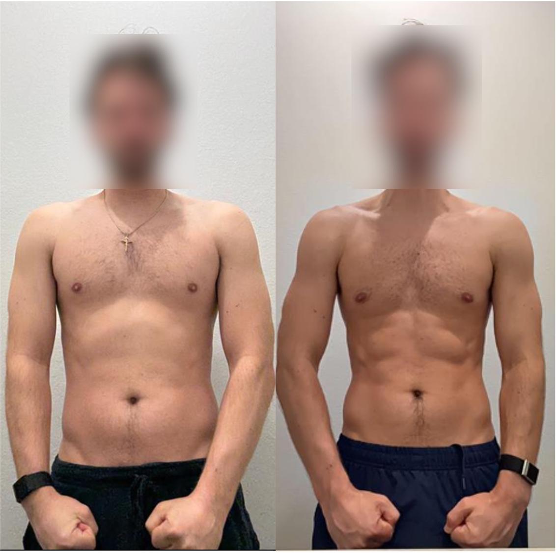 Side-by-side comparison of a shirtless man before and after fitness transformation, showing increased muscle definition and reduced body fat.