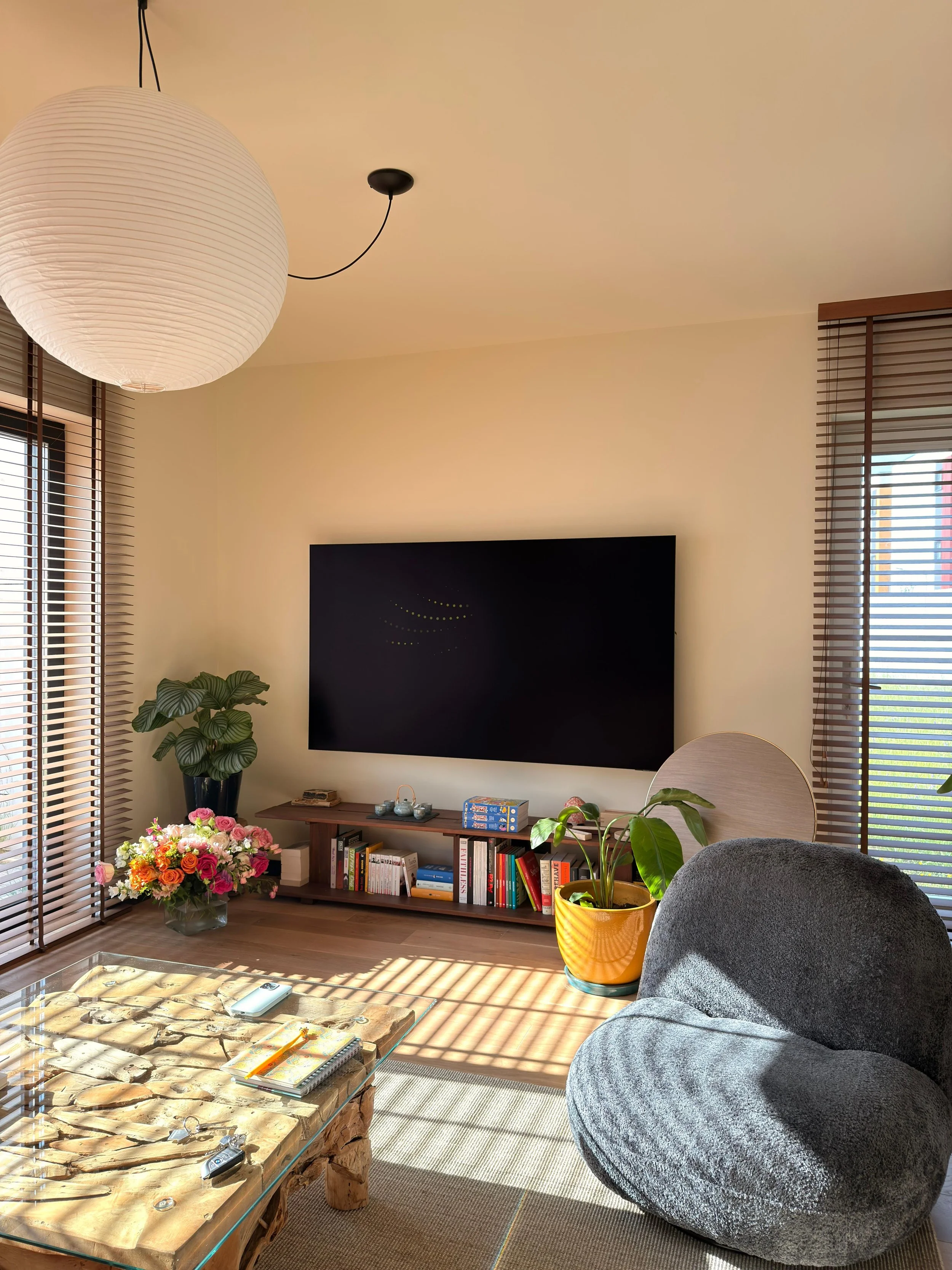 Living room with large gray bean bag chair, wooden bookshelf with books and decorative items, potted plants, a modern coffee table with a glass top, a wall-mounted flat-screen TV, and large windows with wooden blinds allowing sunlight in, casting sha