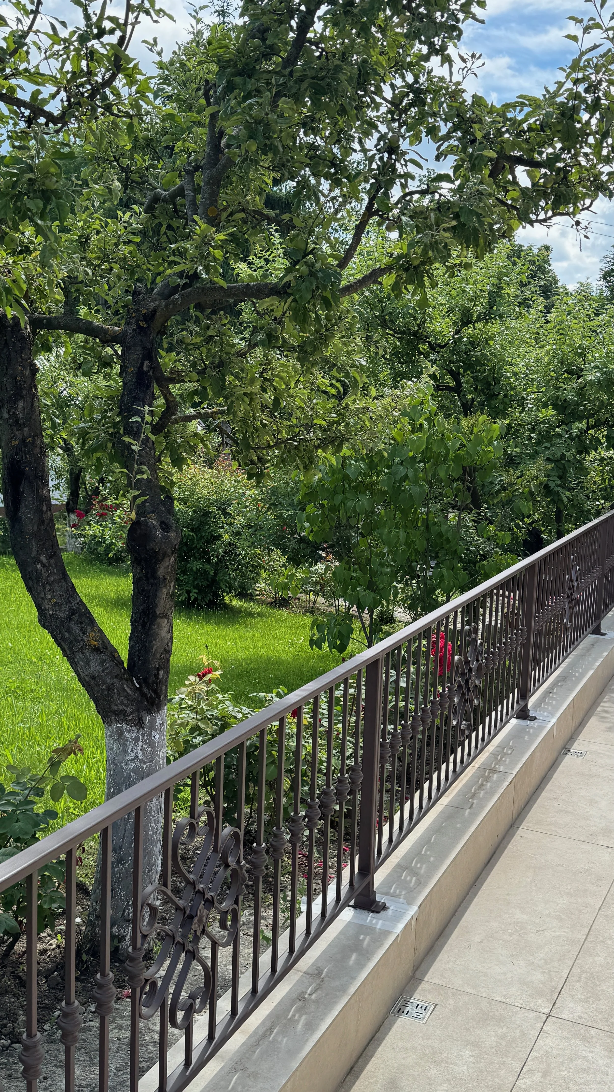 A garden with green grass, trees, and bushes, fenced by a decorative metal railing along a sidewalk, on a partly cloudy day.