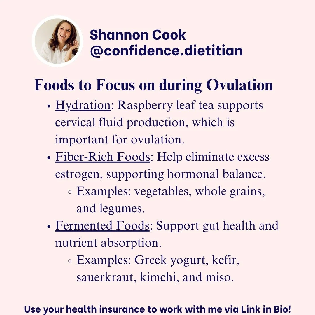 Want to stop the bloat during ovulation? 

Support your energy, hormone balance, and fertility with nutrient-rich foods:

- Hydration

- Fiber-Rich Foods

- Fermented Foods

Save this for your ovulatory phase + share with a friend who wants cycle-fri