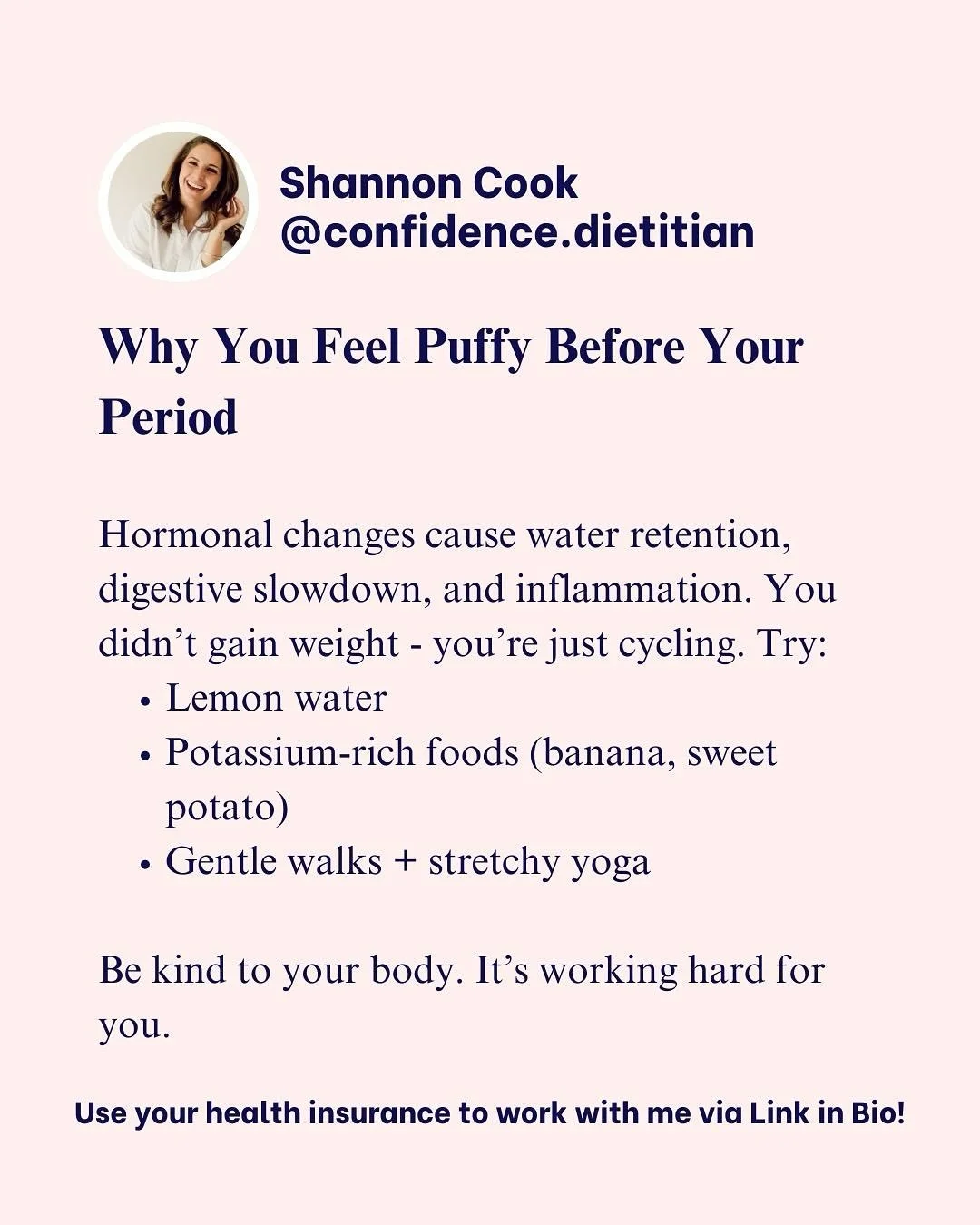 Feeling puffy before your period? It&rsquo;s most likely water retention!

Hormonal shifts can cause water retention - it&rsquo;s your body doing its thing, even if it&rsquo;s not the most comfortable.

Gentle movement, hydration, and balanced meals 