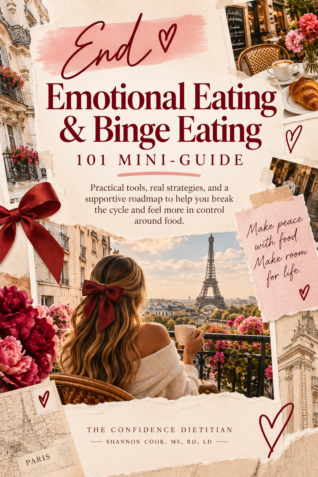 Promotional cover for Emotional Eating & Binge Eating 101 Mini-Guide by Shannon Cook, featuring Parisian café imagery, the Eiffel Tower, flowers, and a woman holding coffee.