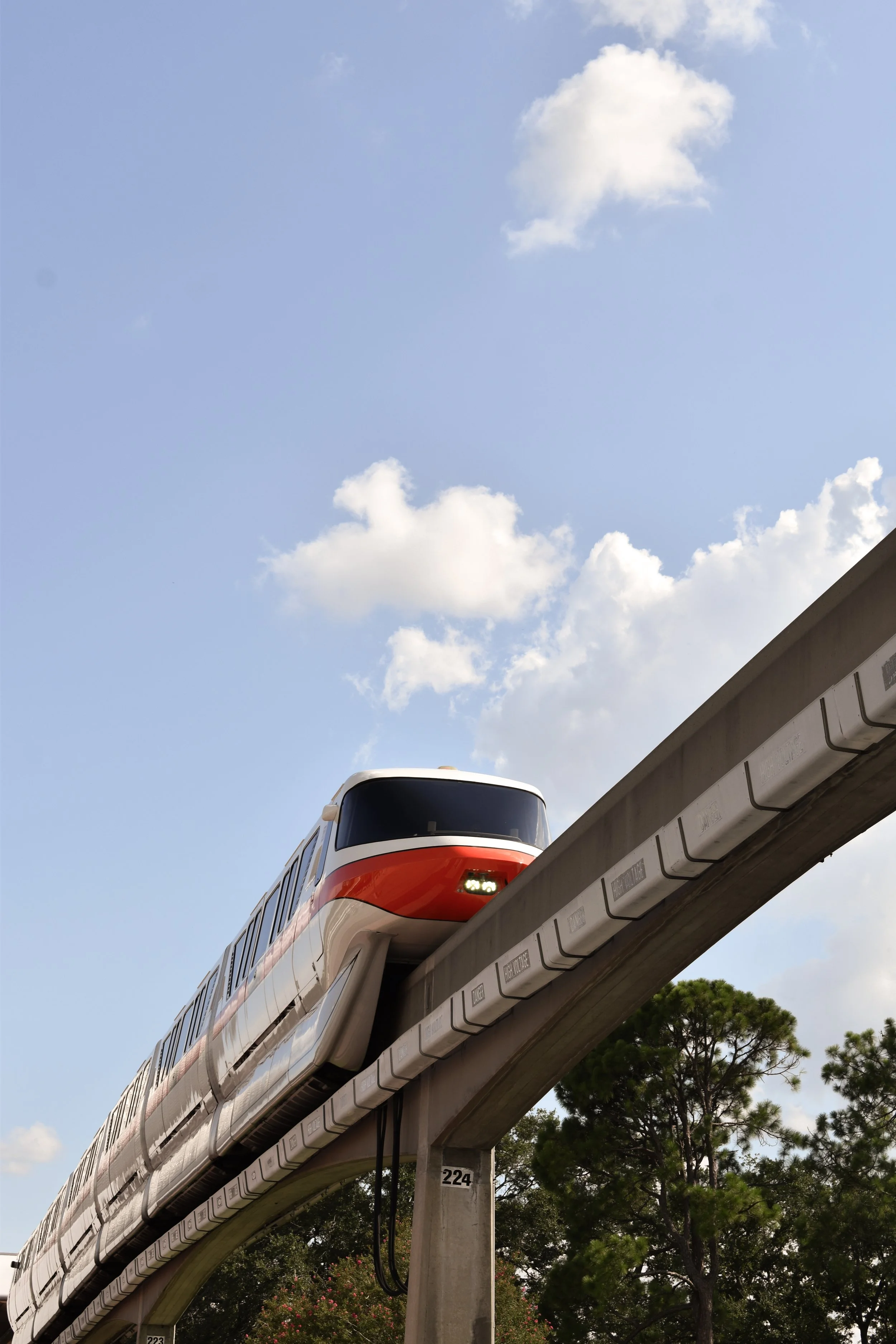 A futuristic monorail train with a sleek design traveling on an elevated track against a blue sky with scattered clouds and trees below.