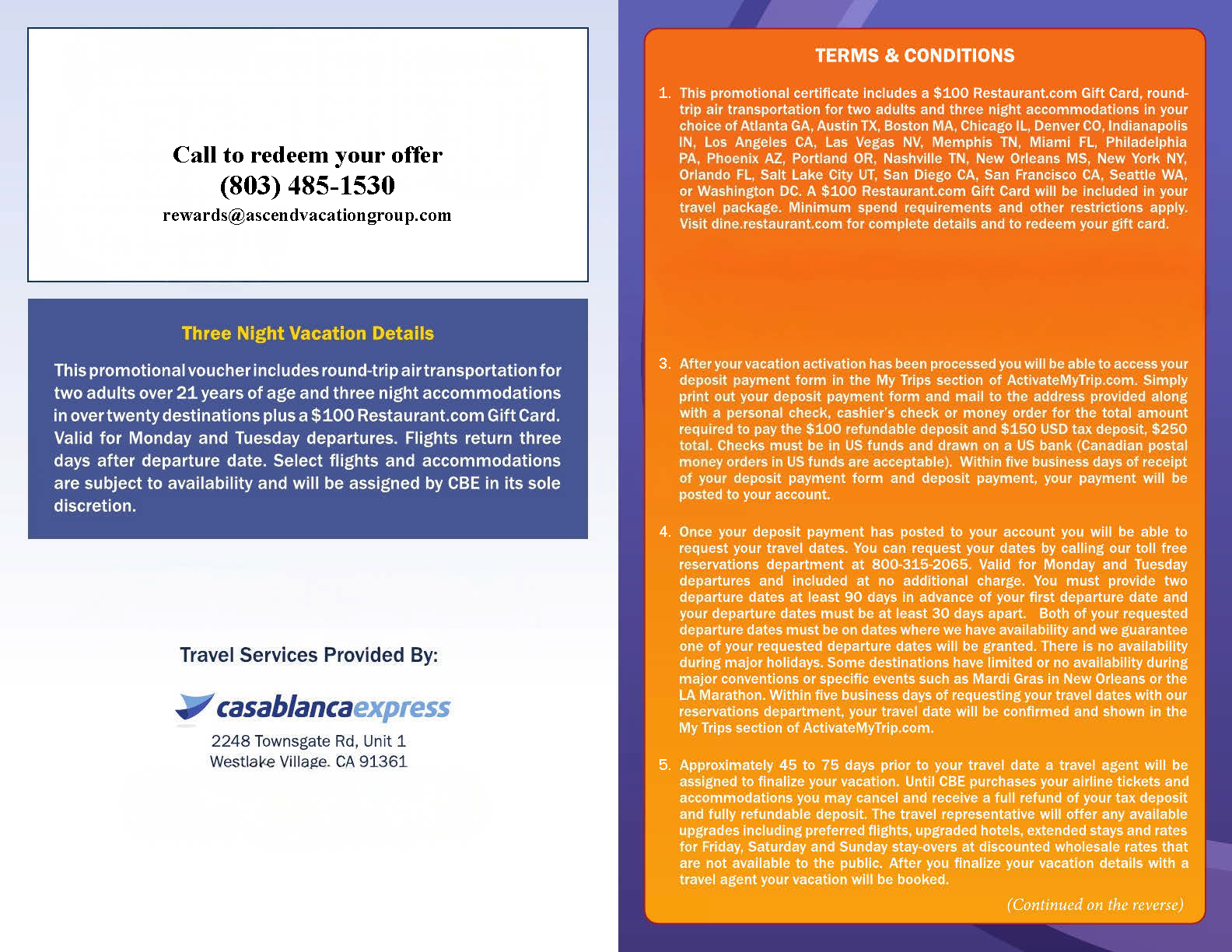 Official travel voucher for Ascend Vacation Group members. Features details for a 3-night vacation package and contact information for our authorized fulfillment partner, Casablanca Express