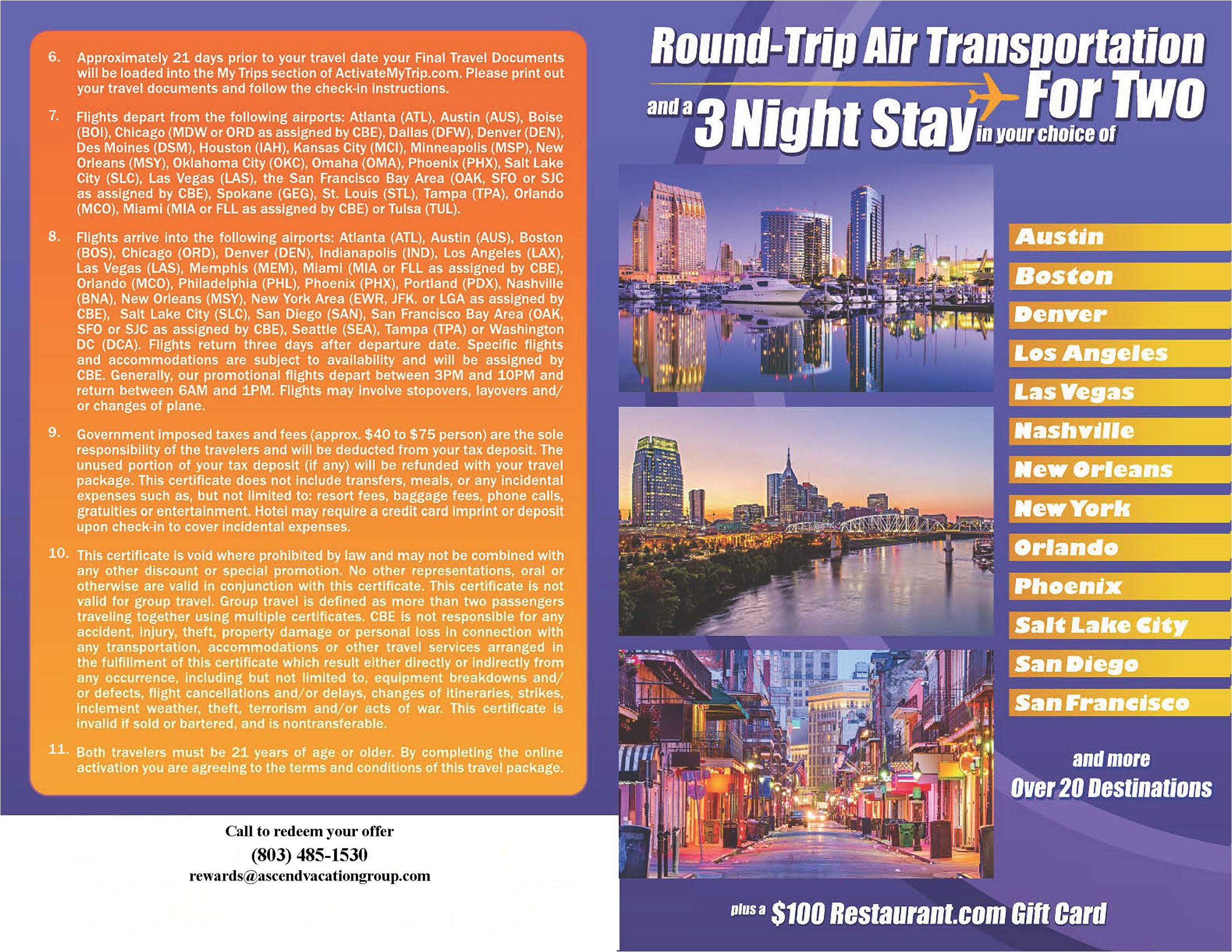 Brochure for Ascend Vacation Group in Draper, Utah, showing round-trip airfare and 3-night hotel stay incentives to major US cities like Nashville, Las Vegas, and Salt Lake City.