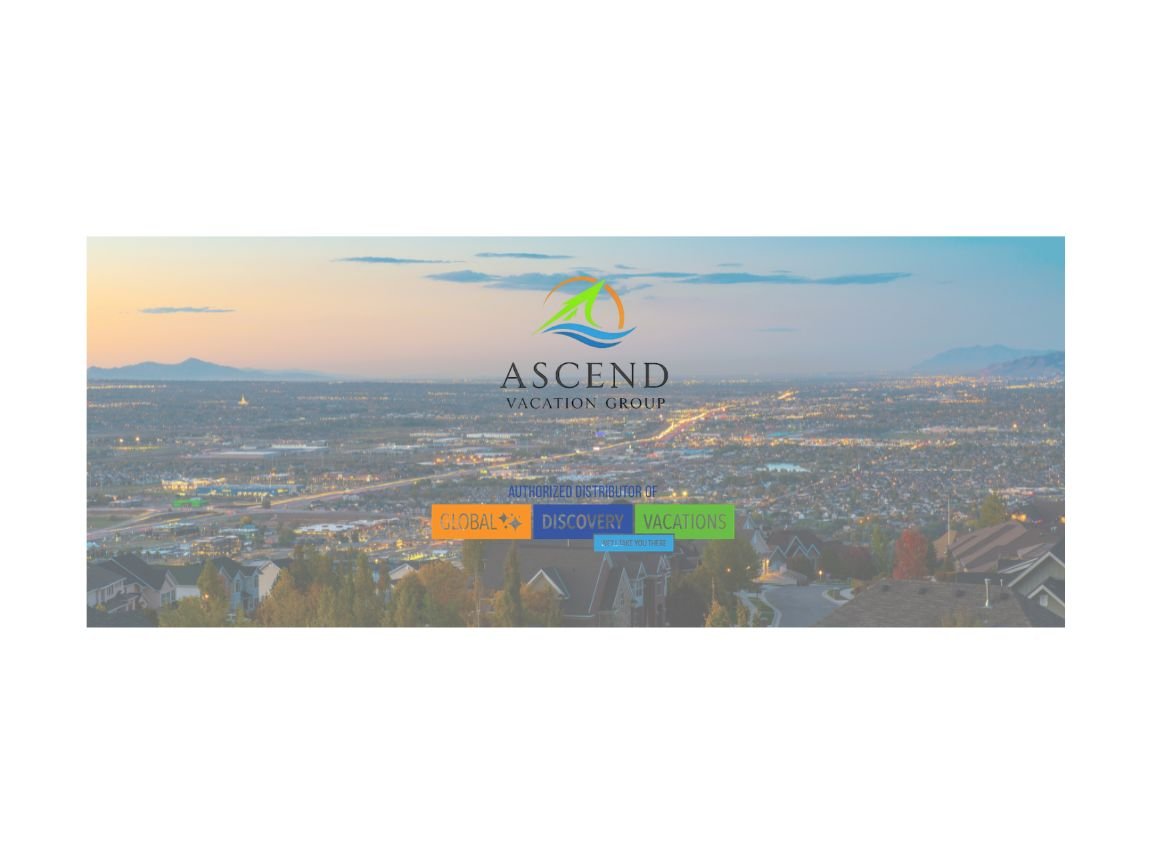Official banner for Ascend Vacation Group, an independent travel distributor in Draper, Utah. Features the company logo and a Utah-inspired mountain sunset, promoting authorized Global Discovery Vacations memberships.