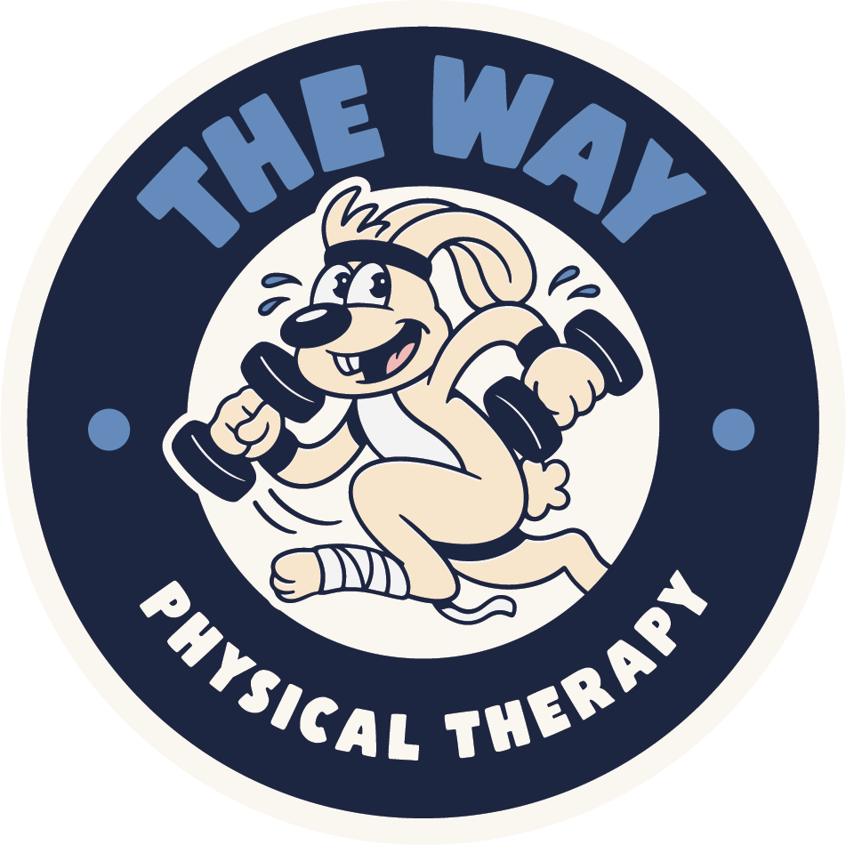A circular logo for "The Way Physical Therapy" featuring a cartoon dog wearing a headband and wristbands, lifting dumbbells, with the text "The Way" at the top and "Physical Therapy" at the bottom.