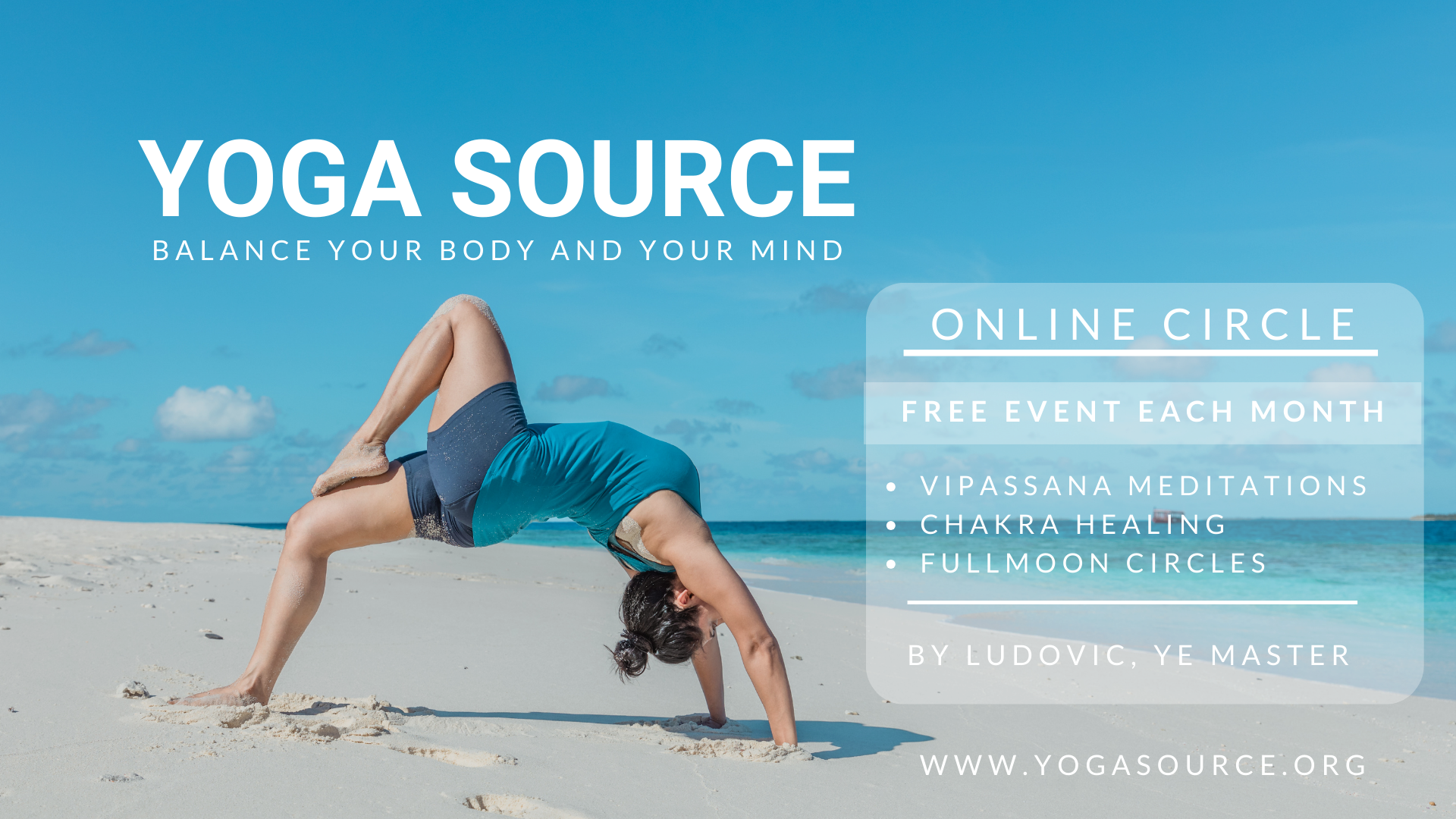 A woman practicing yoga on a beach, performing a backbend pose with her hands and feet on the sand, wearing a blue tank top and shorts, under a clear blue sky.