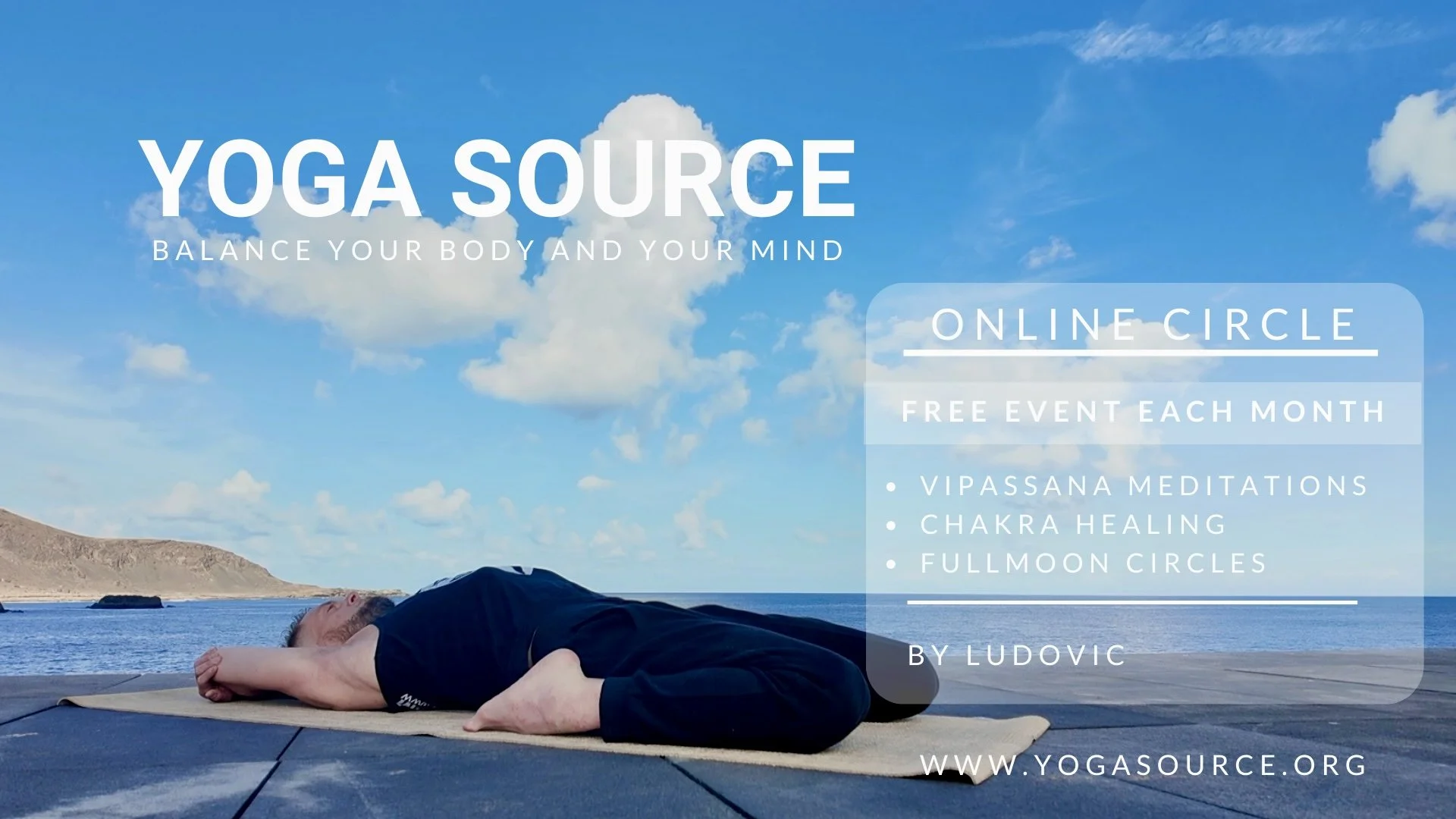 A person practicing yoga outdoors on a mat by the ocean with hills in the background, under a partly cloudy sky.