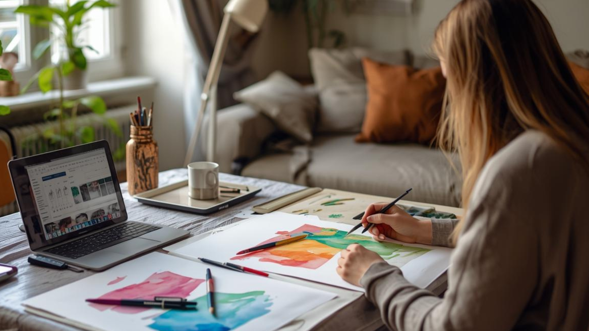 A woman is painting colorful landscapes on paper at a wooden table, with art supplies, a laptop, and a mug nearby, in a cozy, well-lit room.
