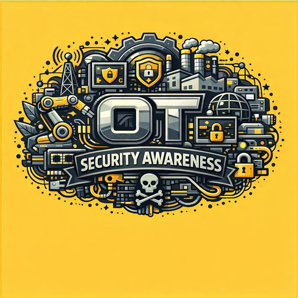 Graphic illustration themed around cybersecurity with industrial and technological elements, including a factory, robotic arm, shields with lock symbols, and a skull and crossbones, with the words 'Security Awareness' in the center.