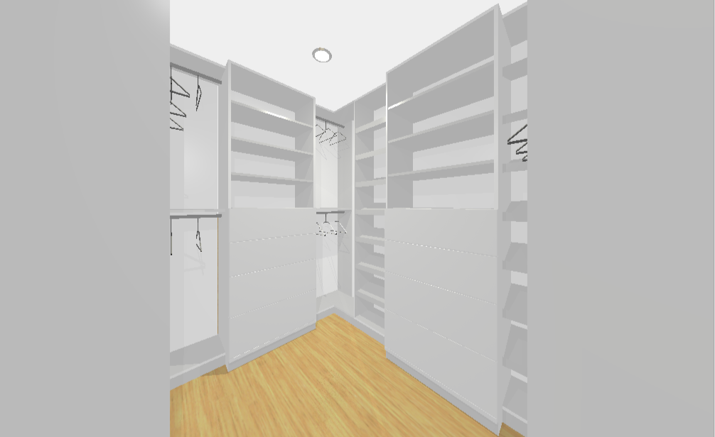 Empty walk-in closet with white shelves, hanging rods, and a wood floor.
