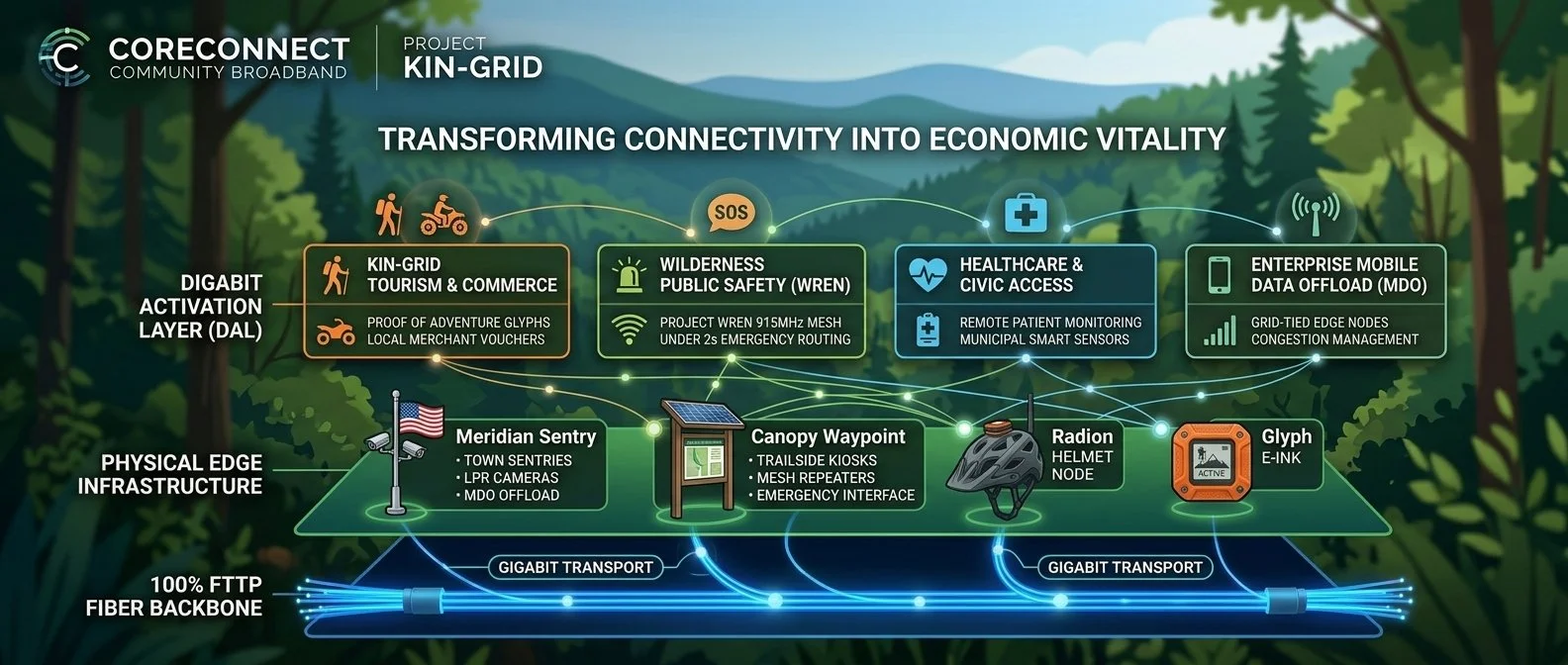 Project Kin-Grid Digital Activation Layer diagram showing fiber backbone, edge devices, and four core service pillars against a mountain forest backdrop