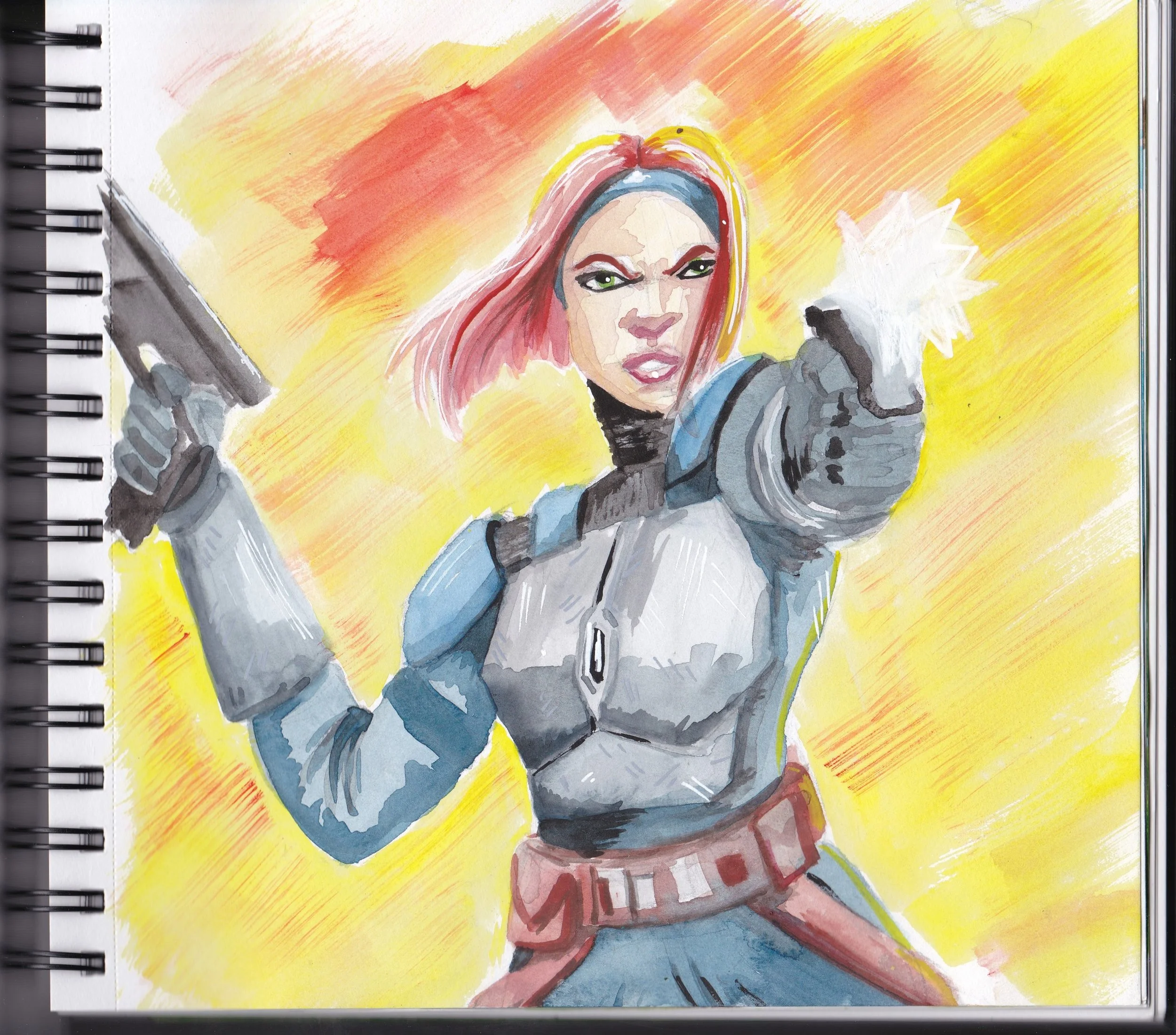 Illustration of a female superhero with red hair holding a gun, wearing a blue and gray suit, and projecting energy from her hand against an abstract orange and yellow background.