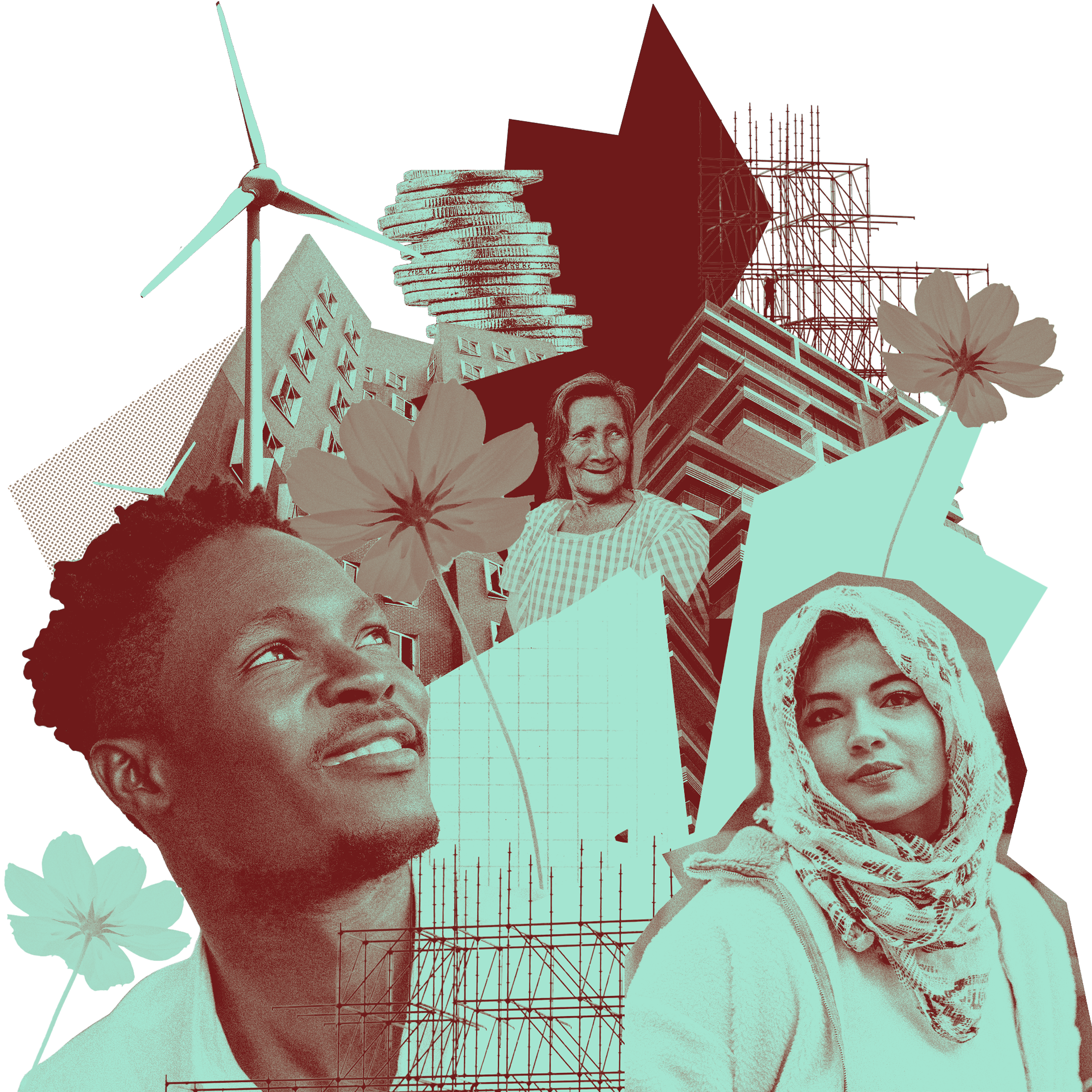 collage of diverse people, buildings, flowers, wind turbine, and abstract geometric shapes in a modern, artistic style.