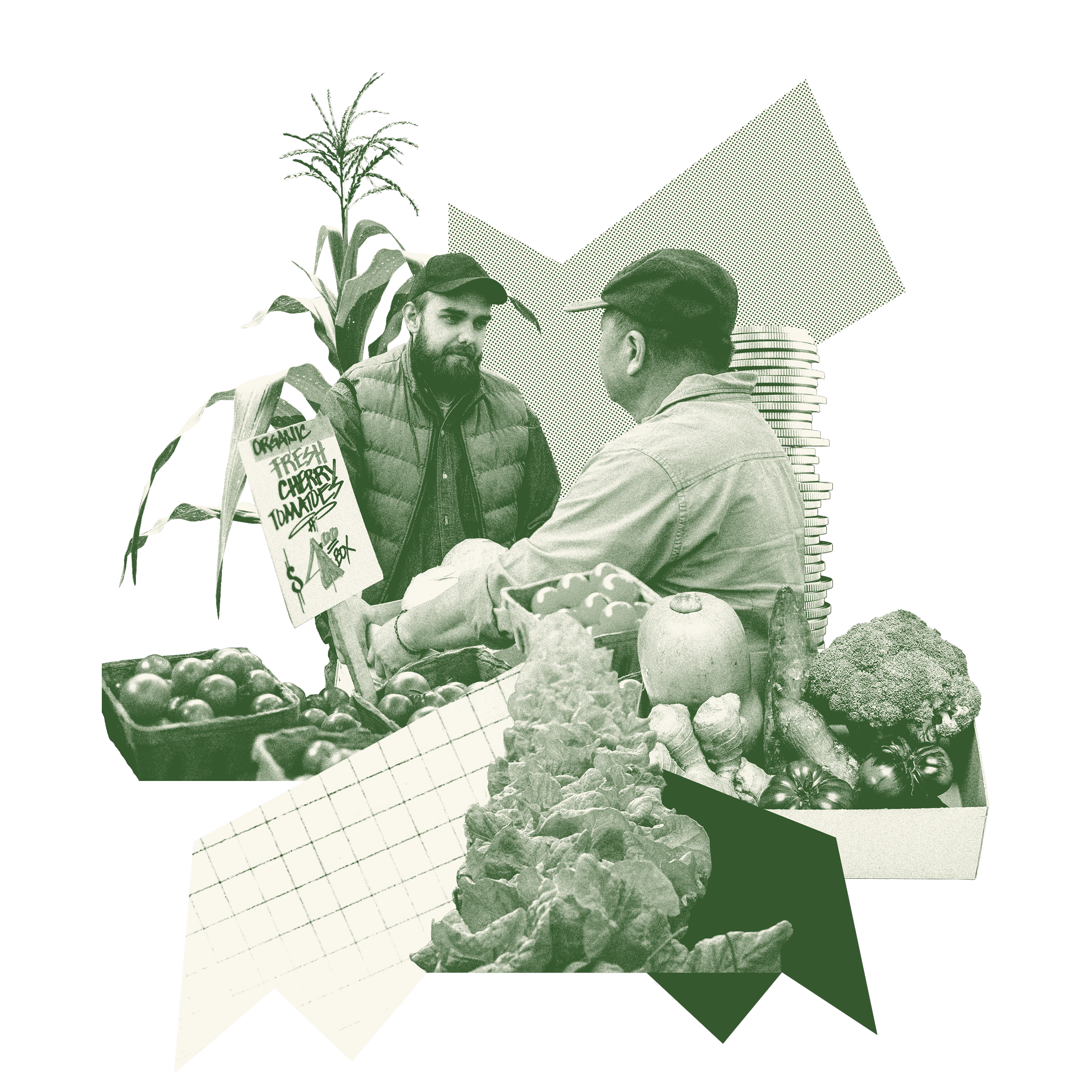 Two men engaged in a conversation at a market stall with various fruits and vegetables, including tomatoes, potatoes, broccoli, and apples, and greenery with a background of a mountain range.