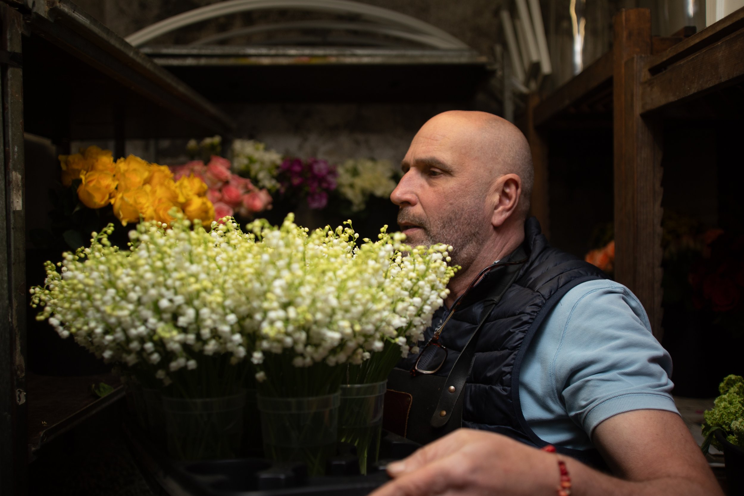Un homme dans une boutique de fleurs, portant une veste en gilet, regarde des bouquets de fleurs colorées, notamment des roses roses, et des fleurs blanches dans des pots.