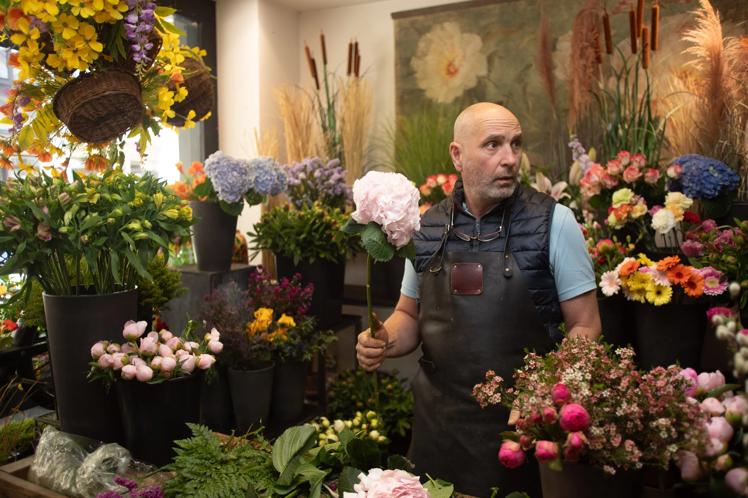 Un homme dans une boutique de fleurs, entouré de nombreuses fleurs colorées comme des hydrangeas, roses et autres, tenant une fleur rose pâle.