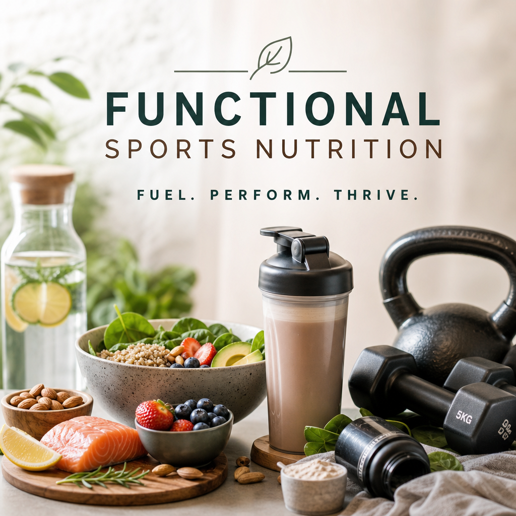 A healthy sports nutrition setup including a protein shake, fresh fruits, vegetables, nuts, a bottle of infused water, a kettlebell, and a container of supplements under a sign that says 'Functional Sports Nutrition: Fuel. Perform. Thrive.'