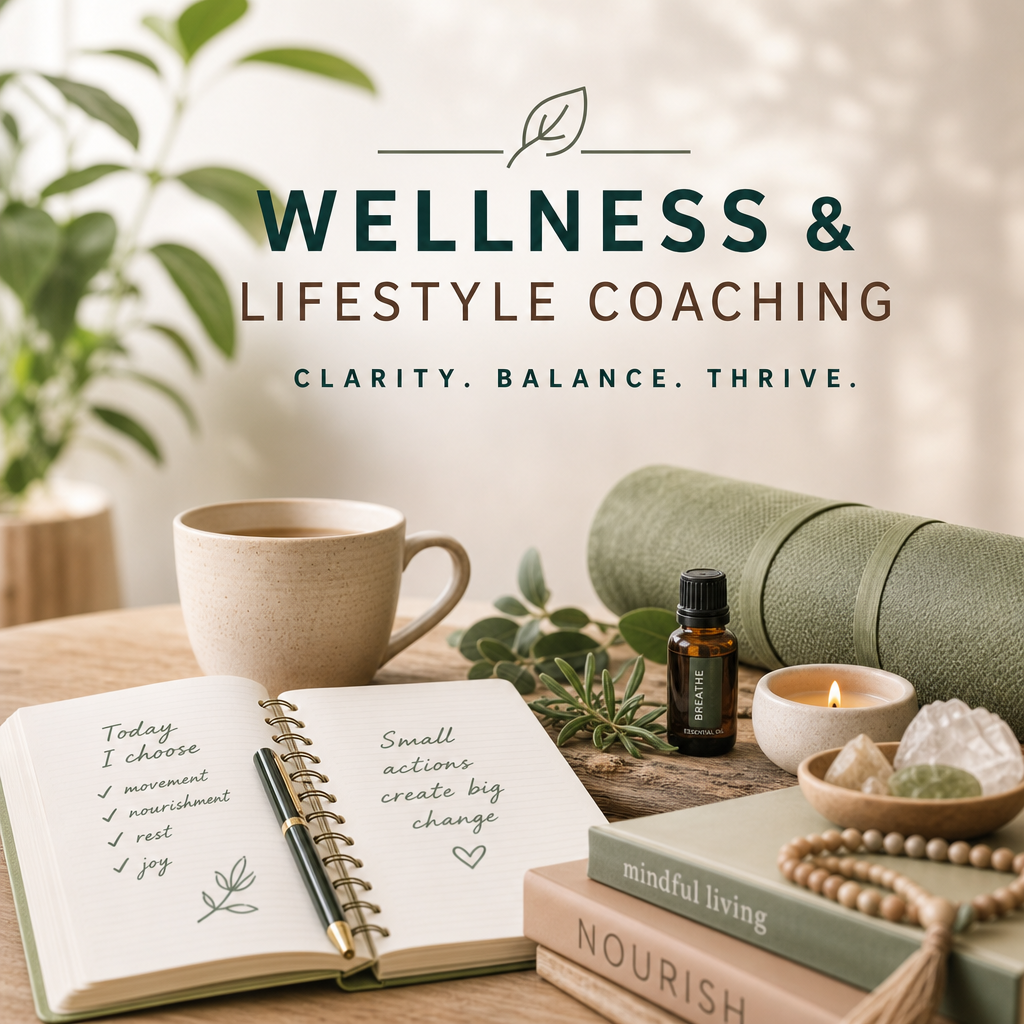 A wellness and lifestyle coaching setup with a notebook, a pen, a cup of tea, a candle, a small essential oil bottle, and a yoga mat, surrounded by books and plants.