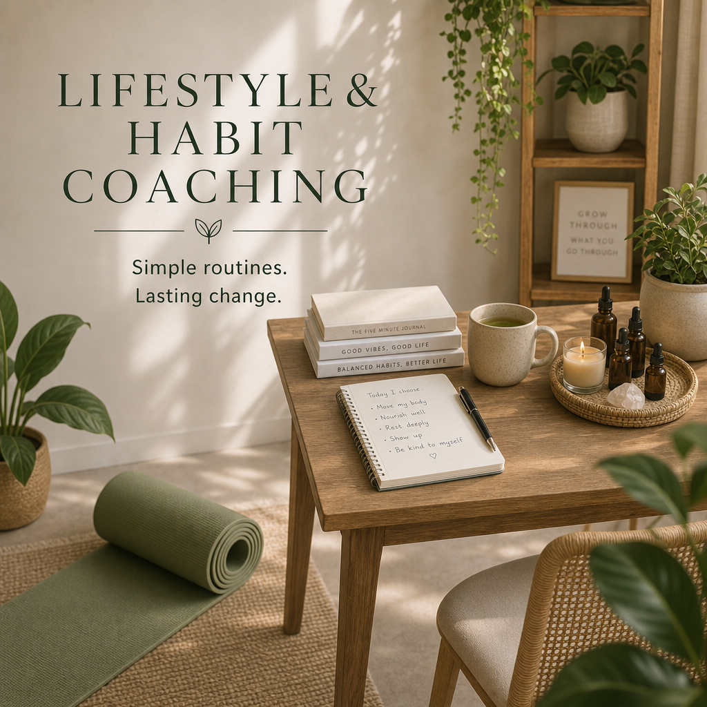 A cozy, well-organized wellness space with a wooden table holding notebooks, a pen, a cup of green tea, candles, and small bottles. There are potted plants on a shelf and around the room, with a yoga mat on the floor and sunlight casting shadows on the wall.