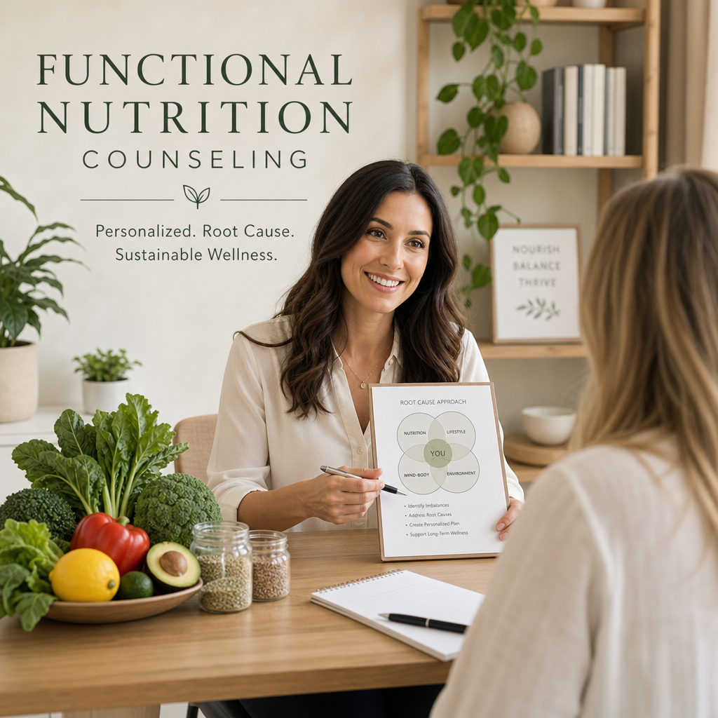 A woman in a counseling session about functional nutrition, sitting across from a client at a wooden table with fresh vegetables and jars in the foreground. The counselor is smiling and holding a chart about root cause approach and lifestyle balance.