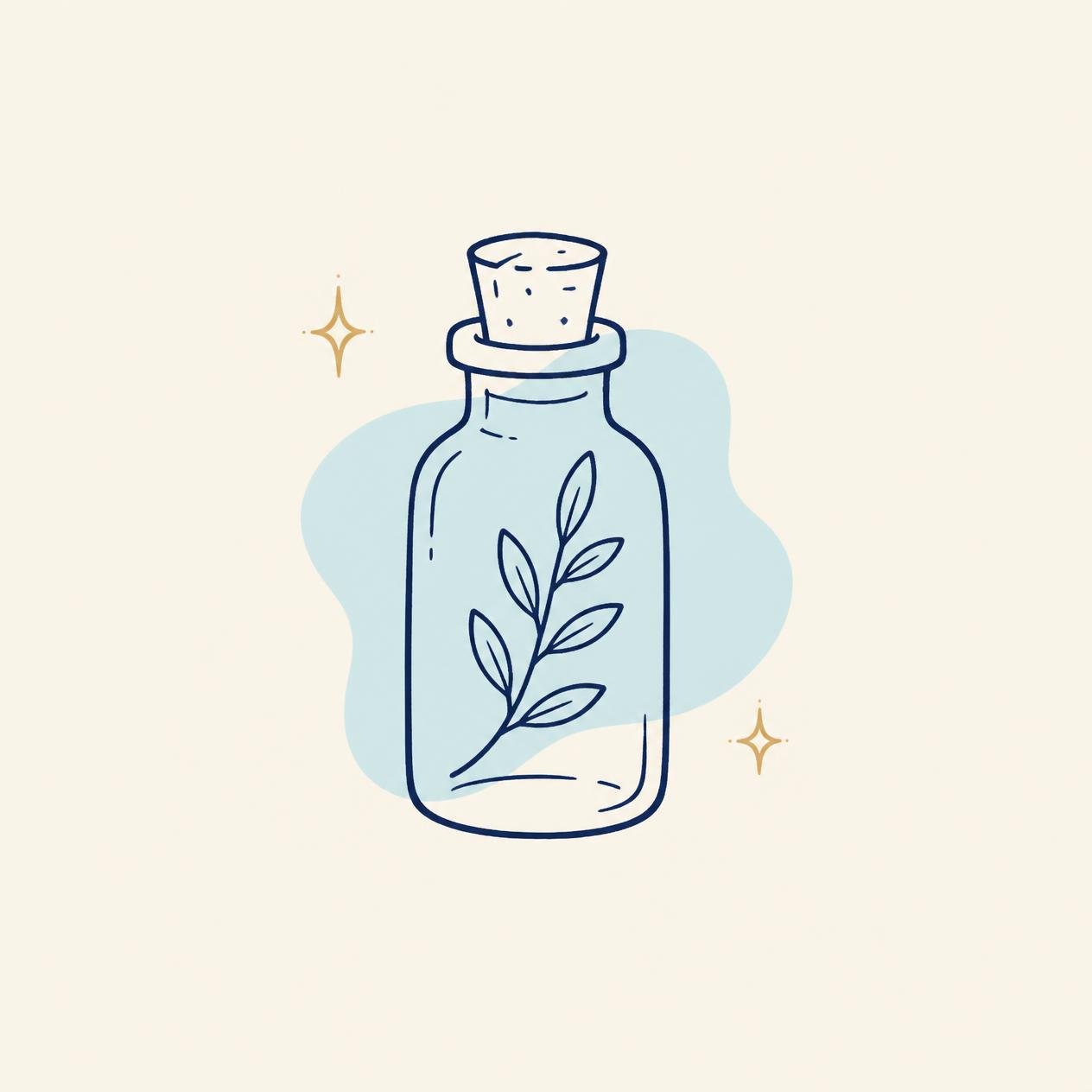 Hand-drawn glass vial with a leaf inside