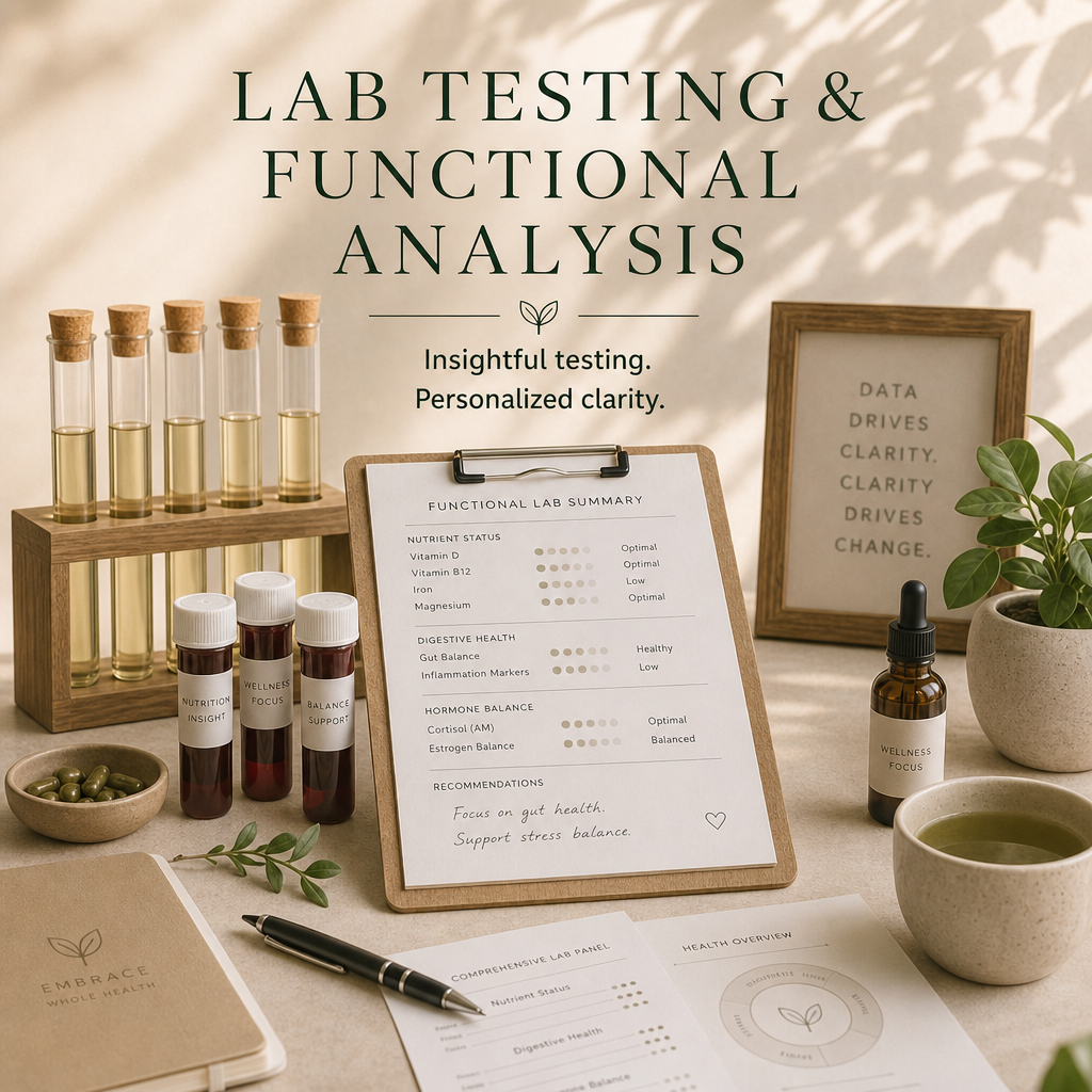 A desk with lab testing and functional analysis materials, including test tubes with liquids, bottles labeled 'Nutrition Insight,' 'Wellness Focus,' and 'Balance Support,' a clipboard with a lab summary sheet, a framed quote, and cups of green tea, along with a notebook, pen, and a potted plant.