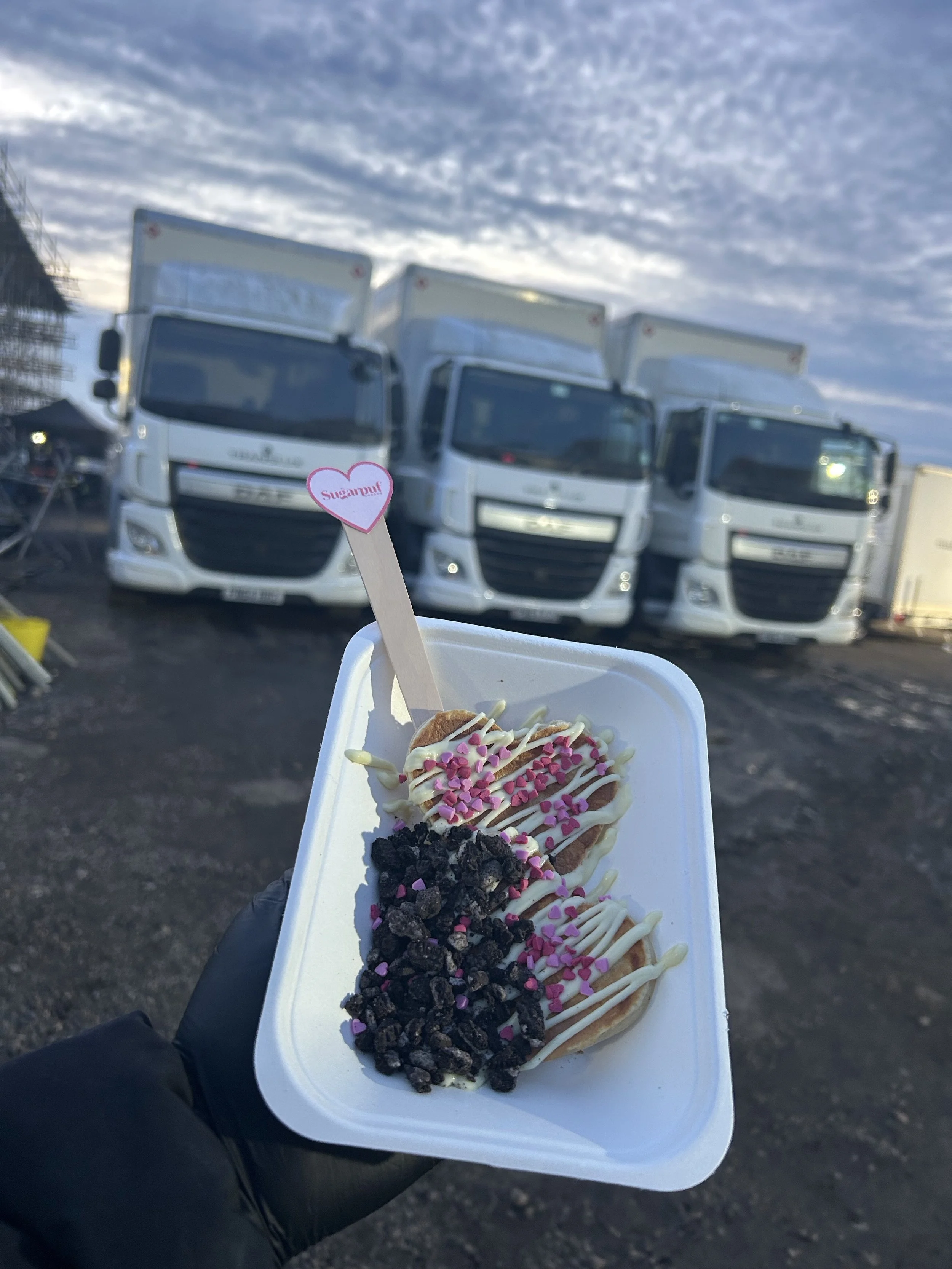 A person holding a tray with ice cream and toppings, with three fire trucks and a cloudy sky in the background.