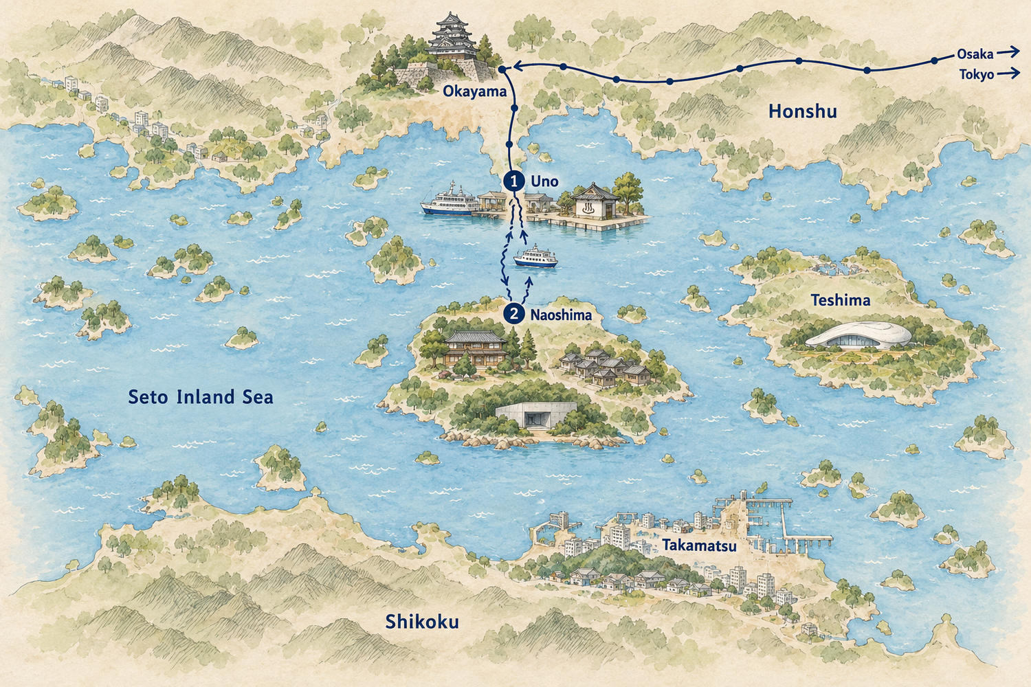 Illustrated route map of the Art Islands: Okayama, Uno and Naoshima in the Seto Inland Sea.