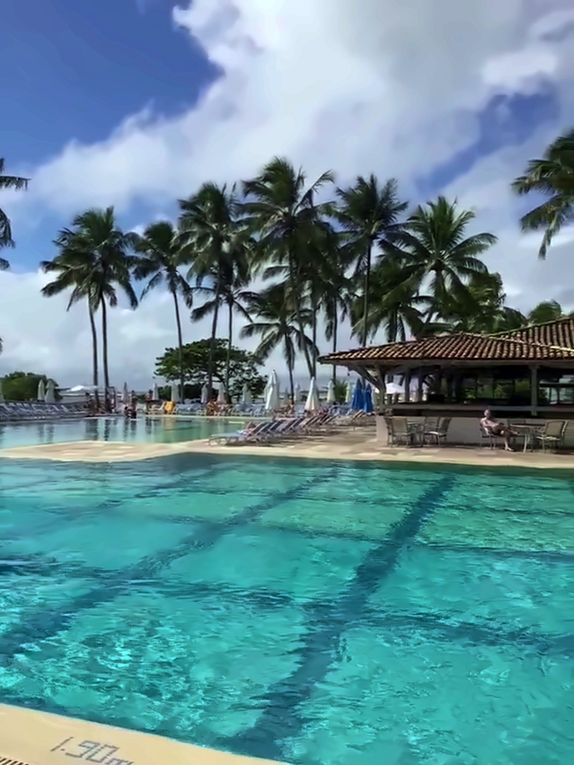 The pool at the Club Med Itaparica, with coconut palms and the tiled-roof pool bar behind