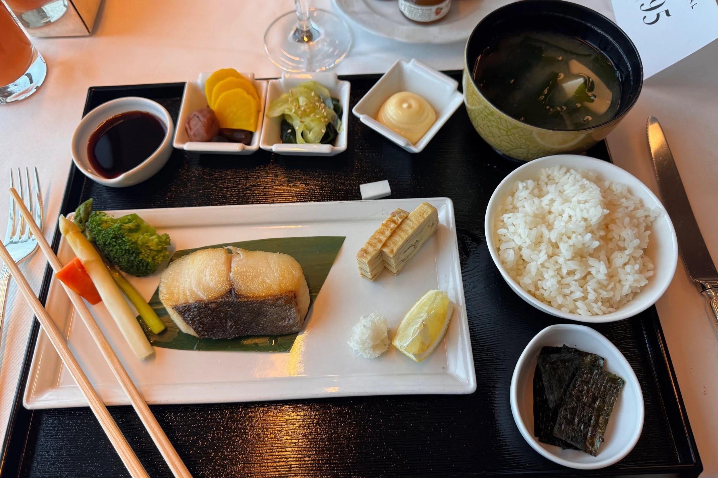 Japanese set breakfast with grilled black cod, rice and miso soup at Waterside, Crystal Serenity