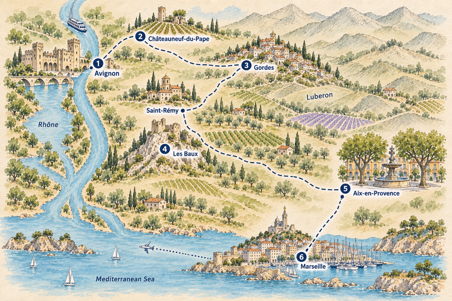 Illustrated route map of Provence: Avignon, Châteauneuf-du-Pape, Gordes and the Luberon, Saint-Rémy, Les Baux, Aix-en-Provence and Marseille