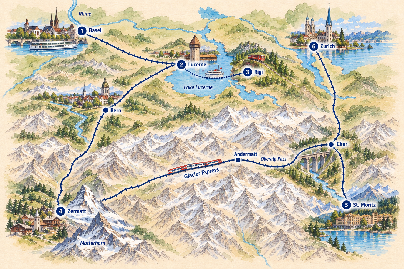 Illustrated route map of Switzerland: Basel, Lucerne, Rigi, Zermatt, then the Glacier Express via Andermatt and the Oberalp Pass to St. Moritz, ending in Zurich