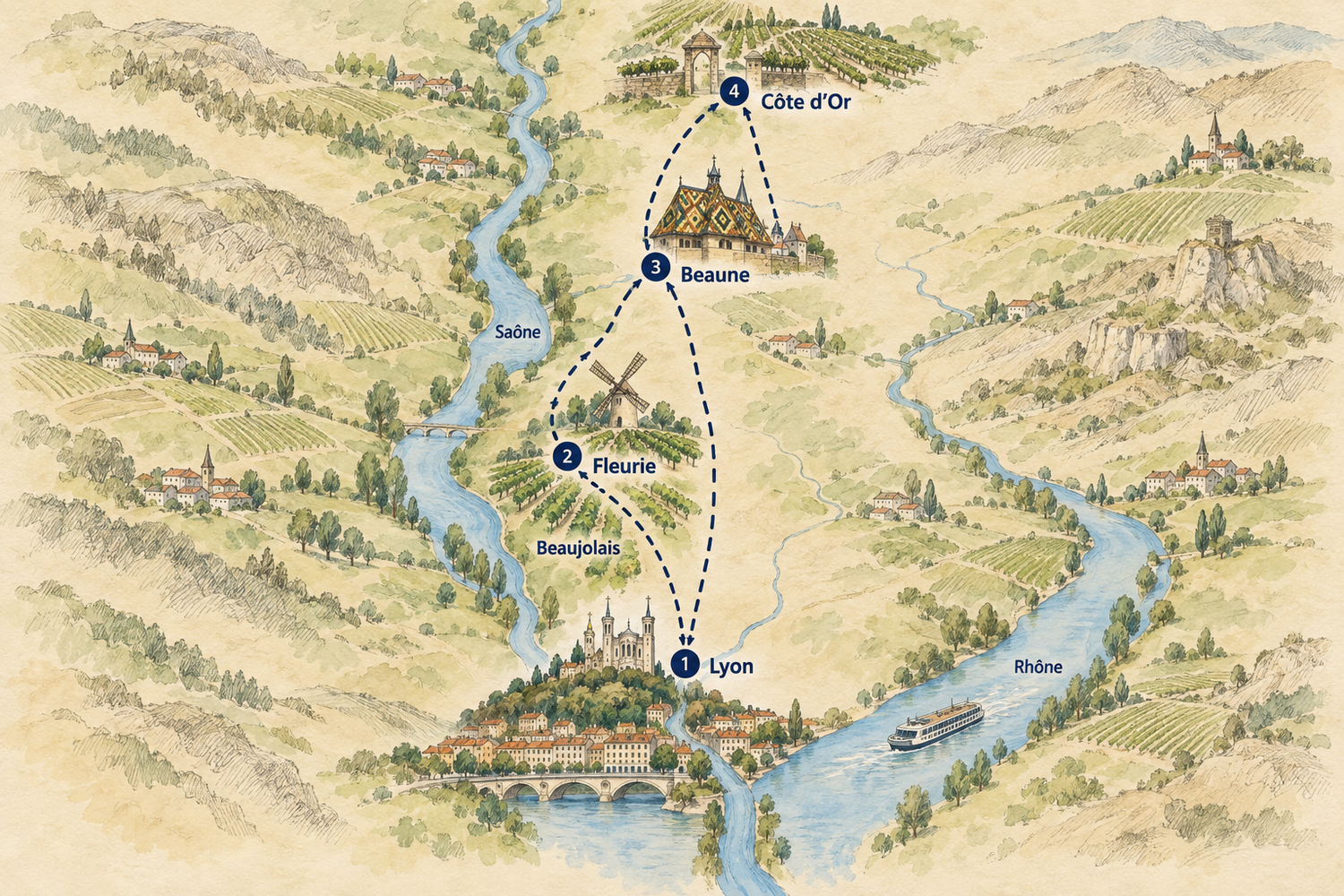 Illustrated route map north from Lyon: Beaujolais, Fleurie, Beaune and the Côte d’Or
