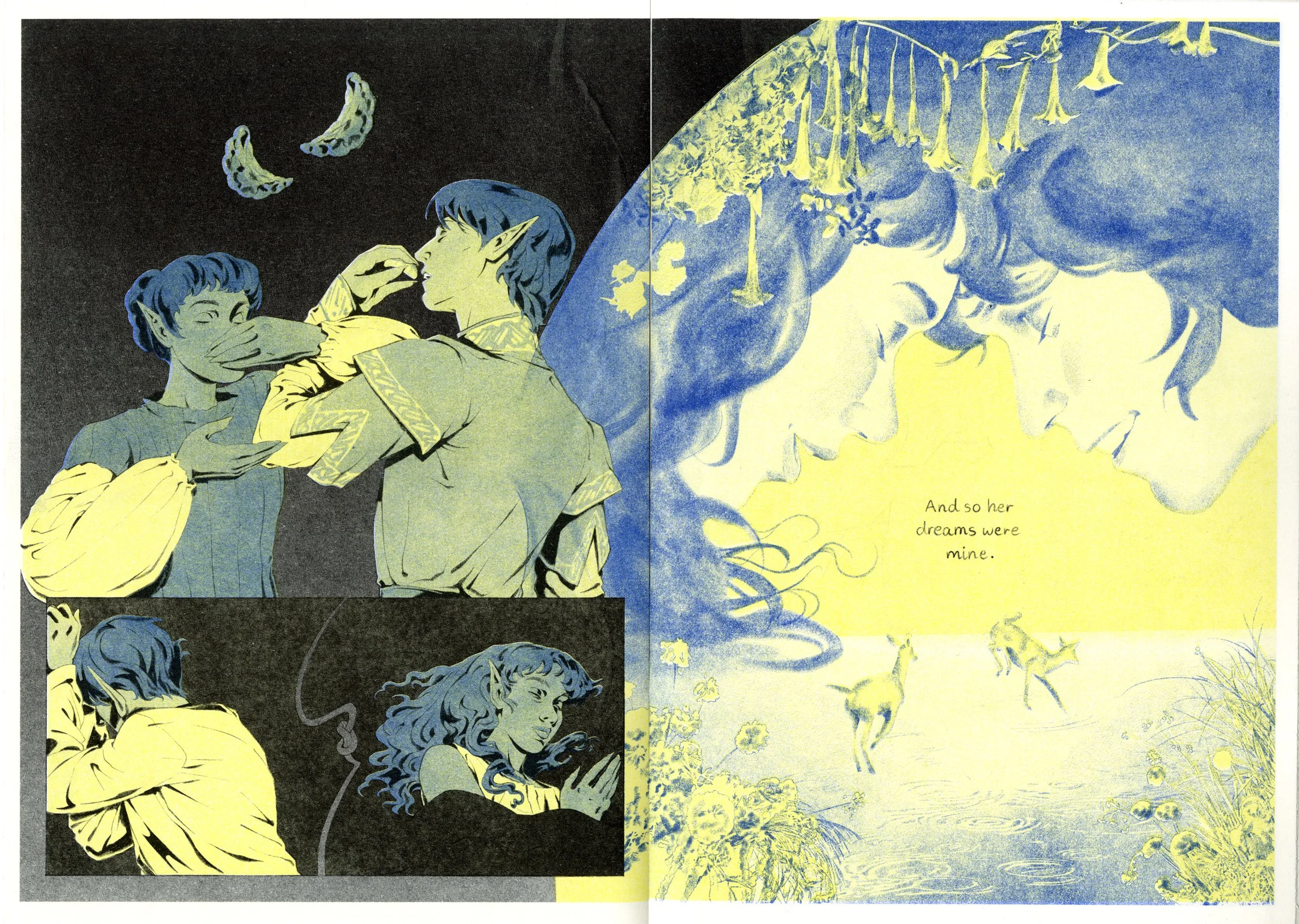 (Preview) Phantasm is a 22-page romantasy about diving into someone's dreams when it's the only way left to reach them.

Riso Printed using Black, Yellow and Medium Blue. (2025)