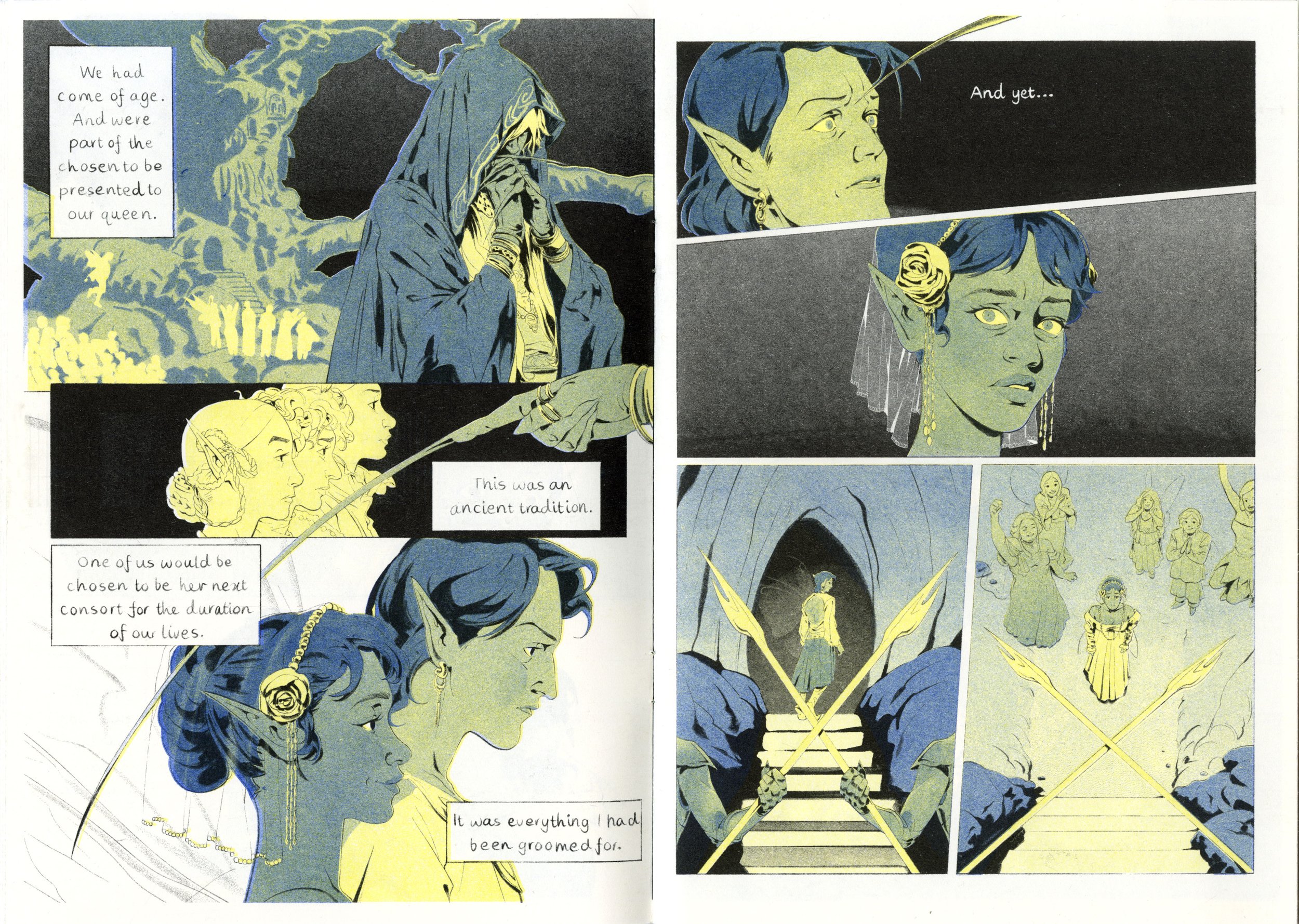 (Preview) Phantasm is a 22-page romantasy about diving into someone's dreams when it's the only way left to reach them.

Riso Printed using Black, Yellow and Medium Blue. (2025)