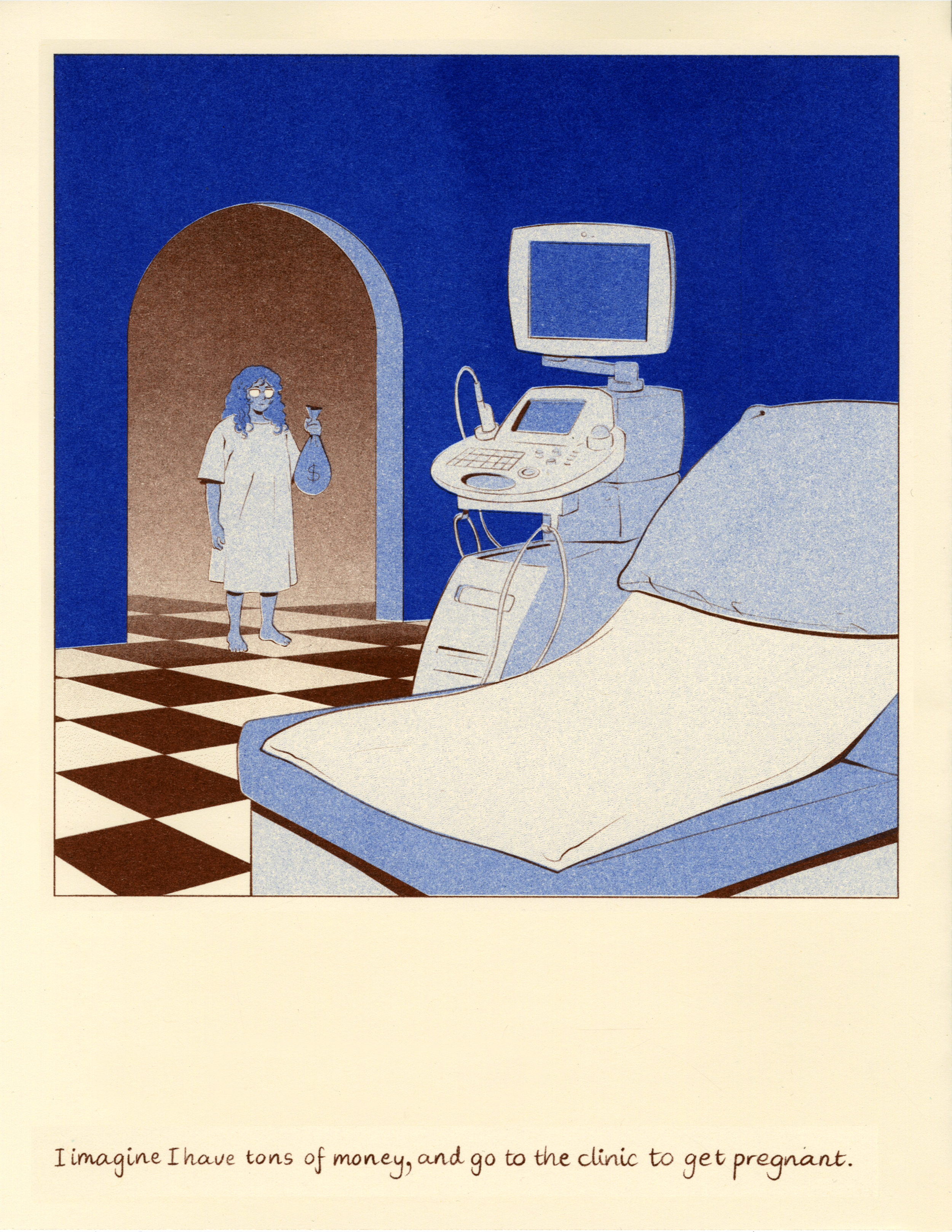 A short comic about wanting to lose your personhood through caring for someone else. 

Riso printed using medium blue and brown.